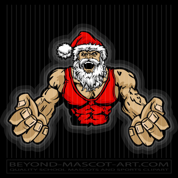 Muscular Santa Claus mascot in red tank top and hat, roaring with clenched fists, stylized sports clipart.