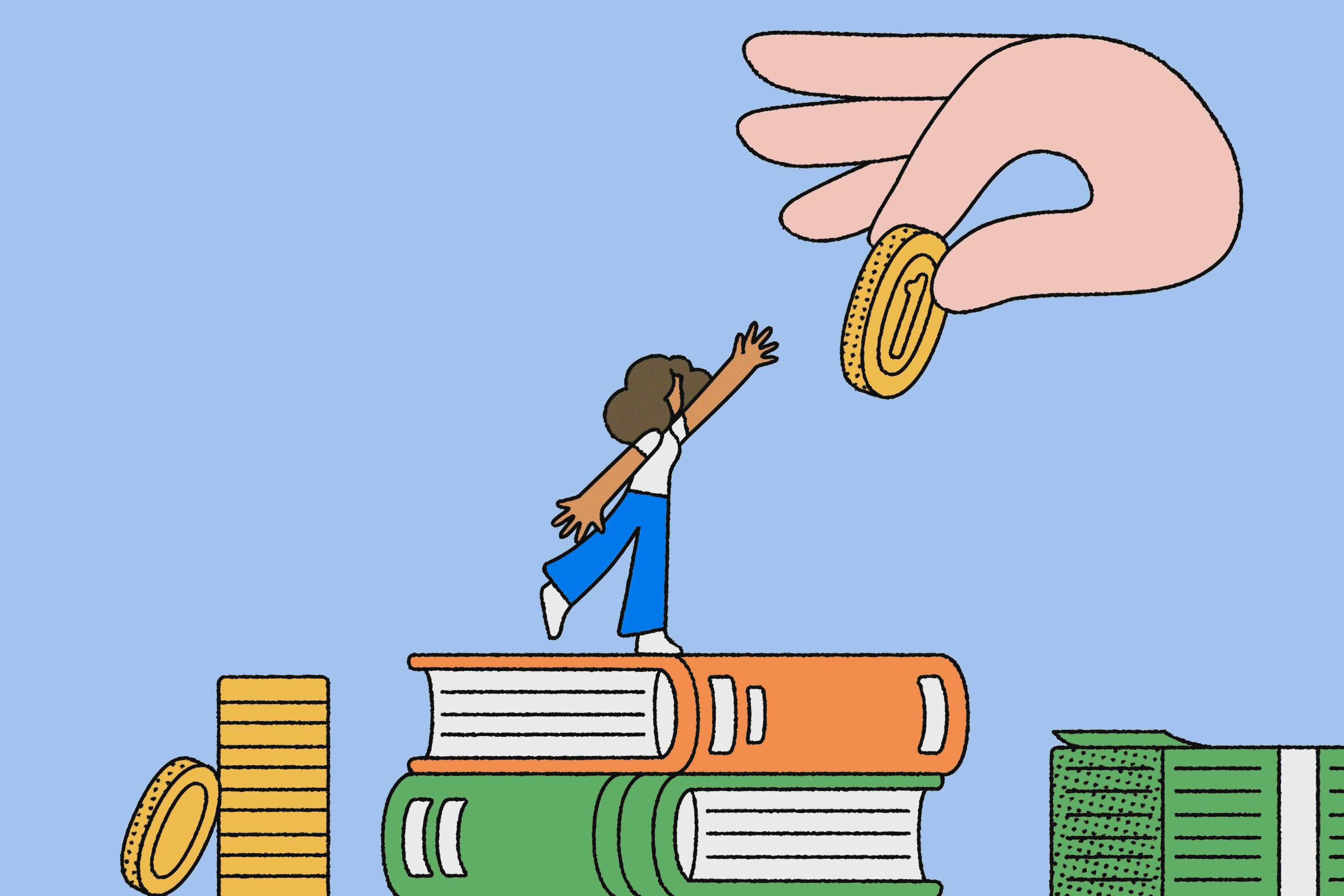 A person reaches for a coin held by a giant hand while standing on stacked books and coins.