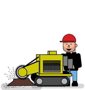 A smiling construction worker operates a yellow tracked excavator digging into brown soil.