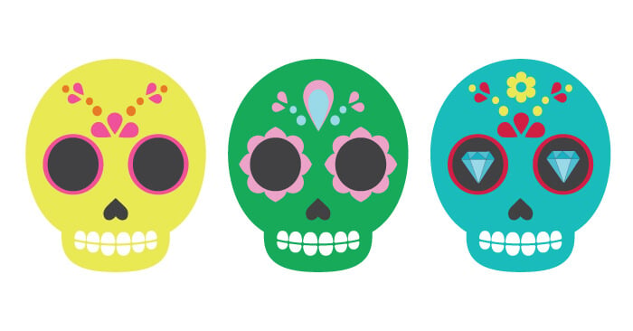 Three colorful sugar skull illustrations in yellow, green, and teal with floral and gem decorations for Day of the Dead.
