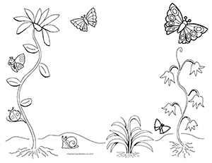 Black-and-white line drawing of flowering plants, butterflies, a snail, and ladybugs-ideal for coloring pages.