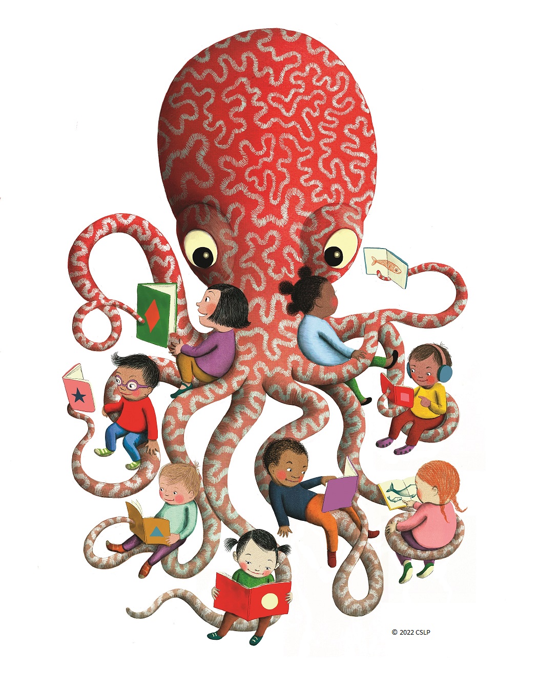 A friendly red octopus with patterned skin holds eight diverse children reading books on its tentacles.