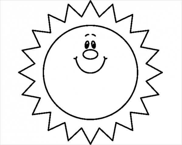 Smiling cartoon sun with zigzag rays, black-and-white line drawing for coloring or educational use.