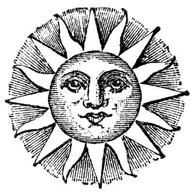 Vintage woodcut-style sun with a human face, radiating pointed rays in a circular composition.