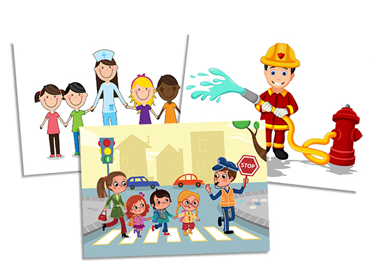 Cartoon illustrations showing children with a nurse, crossing the street with a traffic officer, and a firefighter using a hydrant.