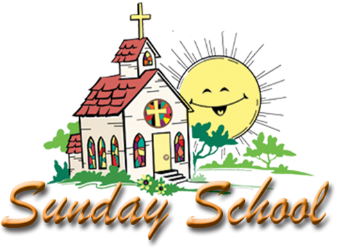 Cheerful cartoon church with stained-glass windows, smiling sun, and "Sunday School" text.