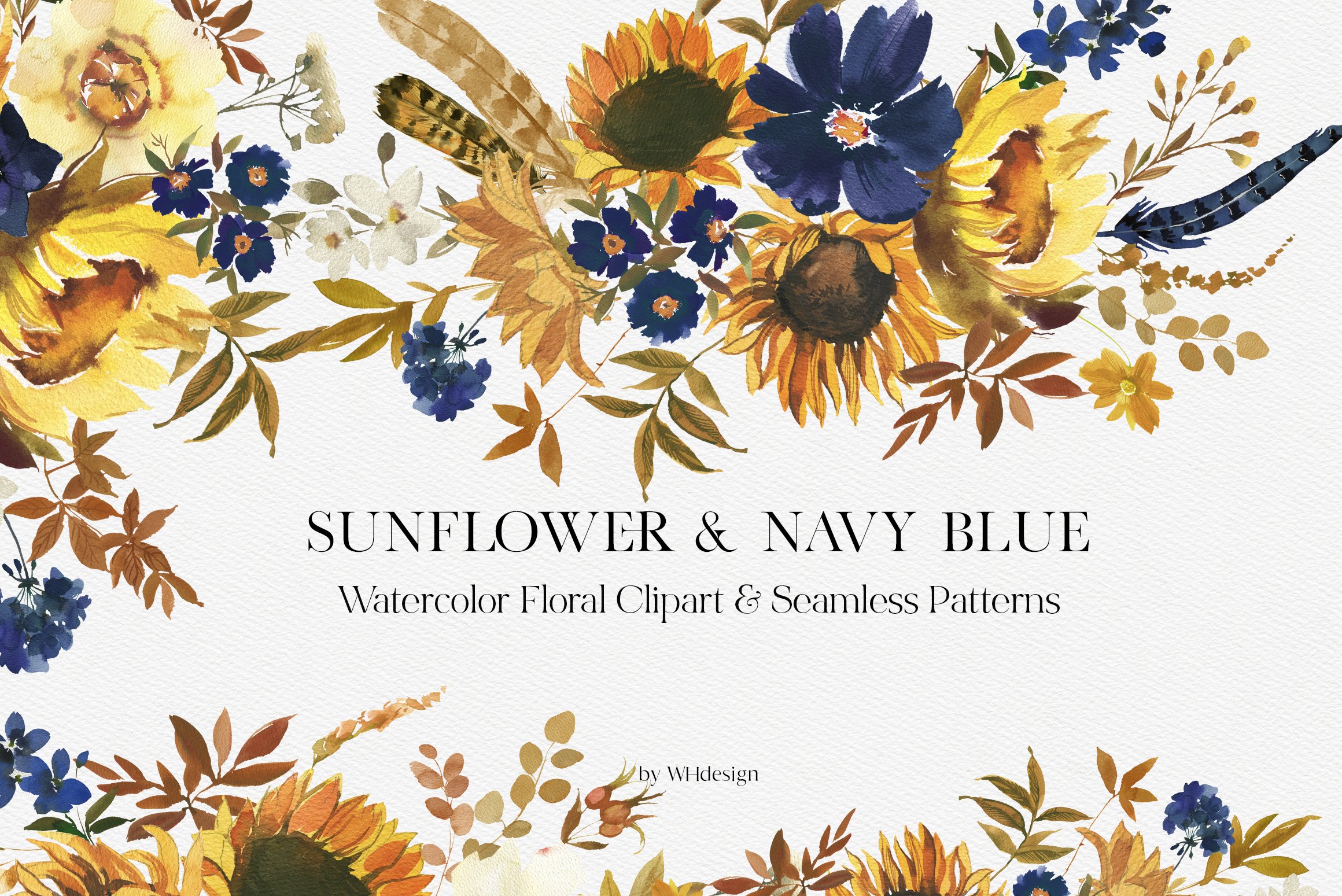 Watercolor floral clipart featuring sunflowers, navy blue blooms, feathers, and autumn leaves on textured paper.