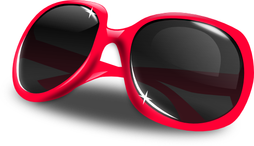 Red-framed sunglasses with black lenses resting on a gray case, glossy finish with light reflections.