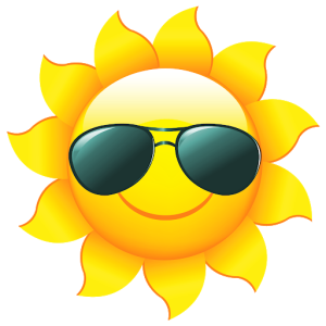 Smiling sun emoji wearing black aviator sunglasses on a transparent background.