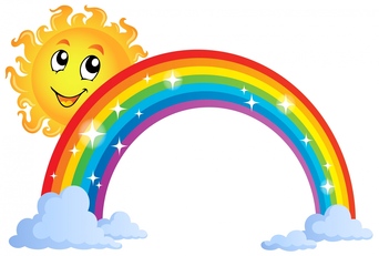 A cheerful smiling sun peeking over a vibrant rainbow arching between two fluffy clouds, with sparkling stars on the rainbow.