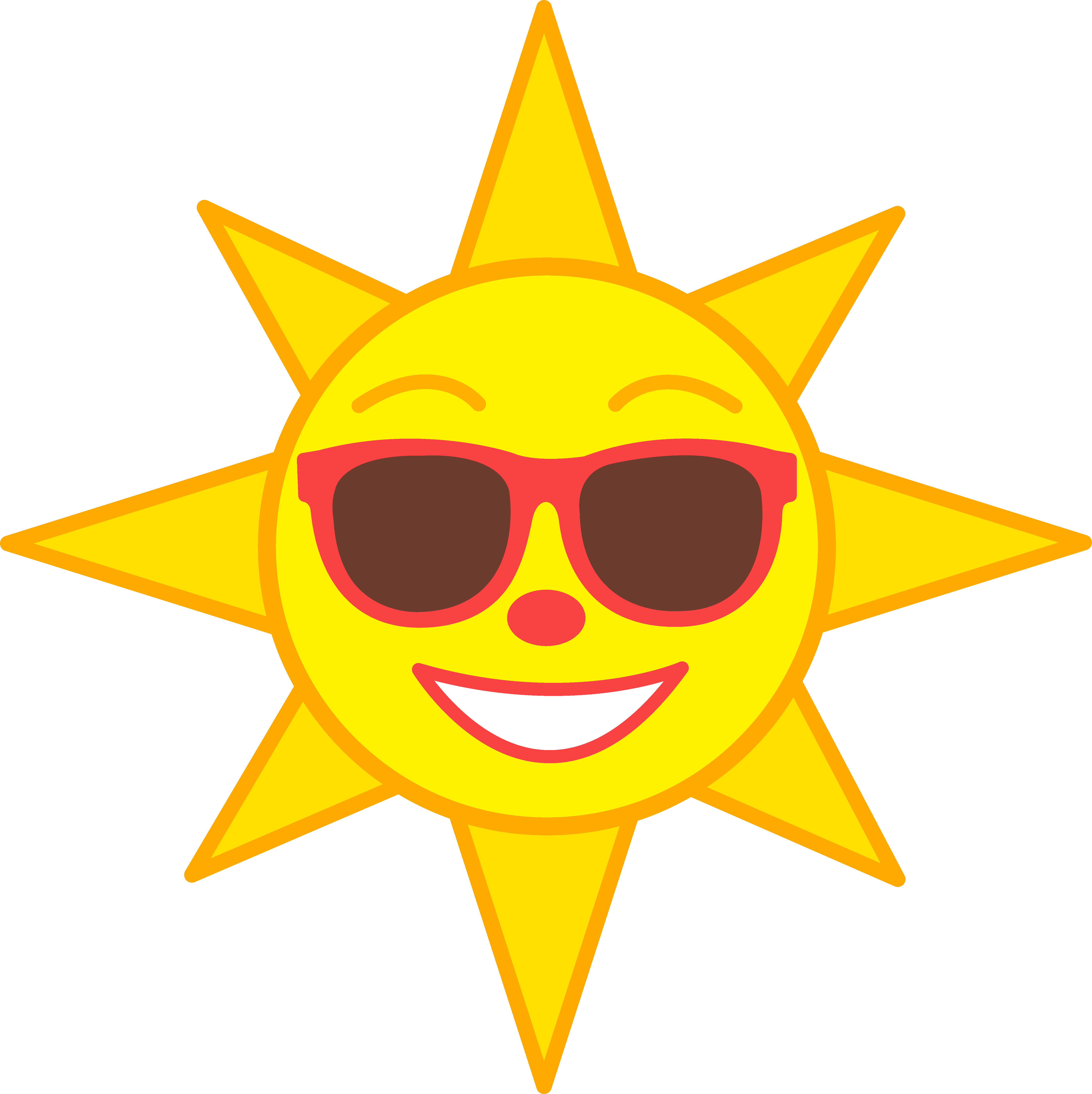 Cheerful yellow sun with sunglasses, smiling face, and eight-pointed star rays.