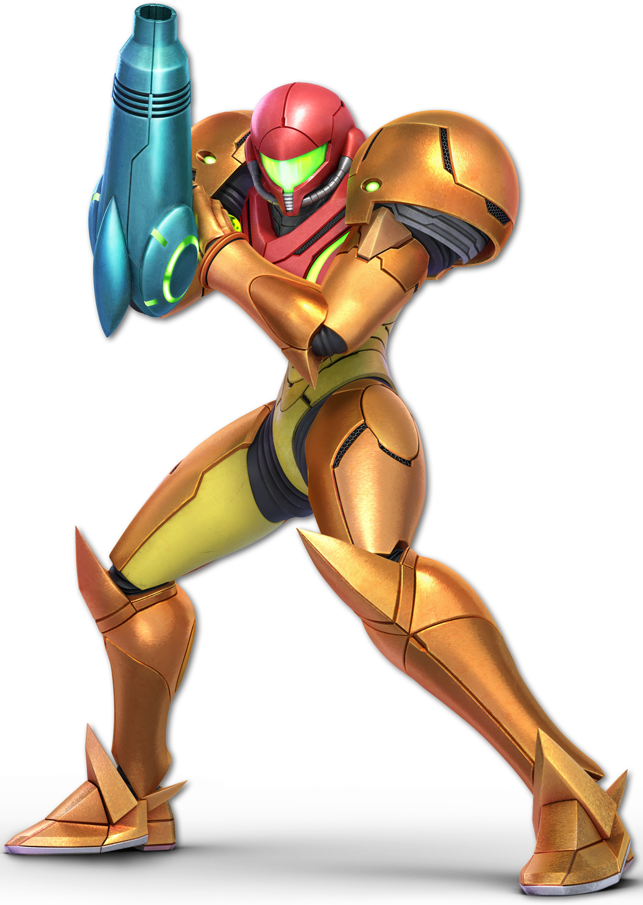 Samus Aran in golden Varia Suit aiming Power Beam weapon, iconic Metroid protagonist in combat stance.