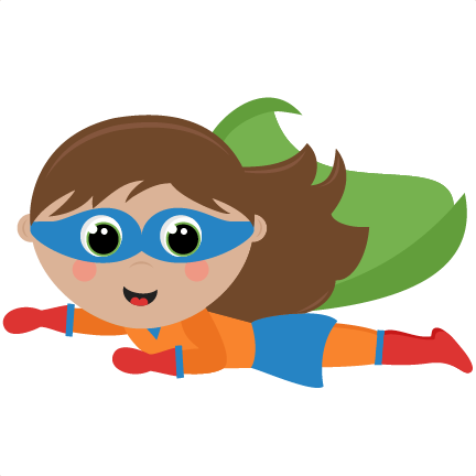A cheerful cartoon girl superhero flying with a green cape, blue mask, orange and blue suit, and red gloves and boots.