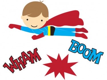 Cartoon boy in blue superhero suit with red cape flying, with "WHAM" and "BOOM" sound effects and explosion graphic.