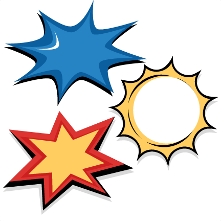 Three comic-style explosion and starburst graphics in blue, yellow, and red on white background.
