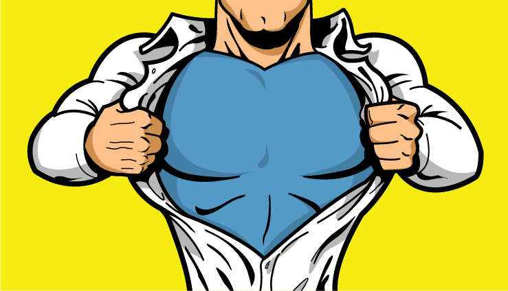 Superhero tearing open shirt to reveal blue chest emblem over muscular torso on yellow background.