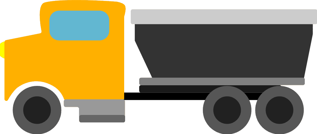 Yellow dump truck with black bed and gray wheels on green background, flat vector illustration.