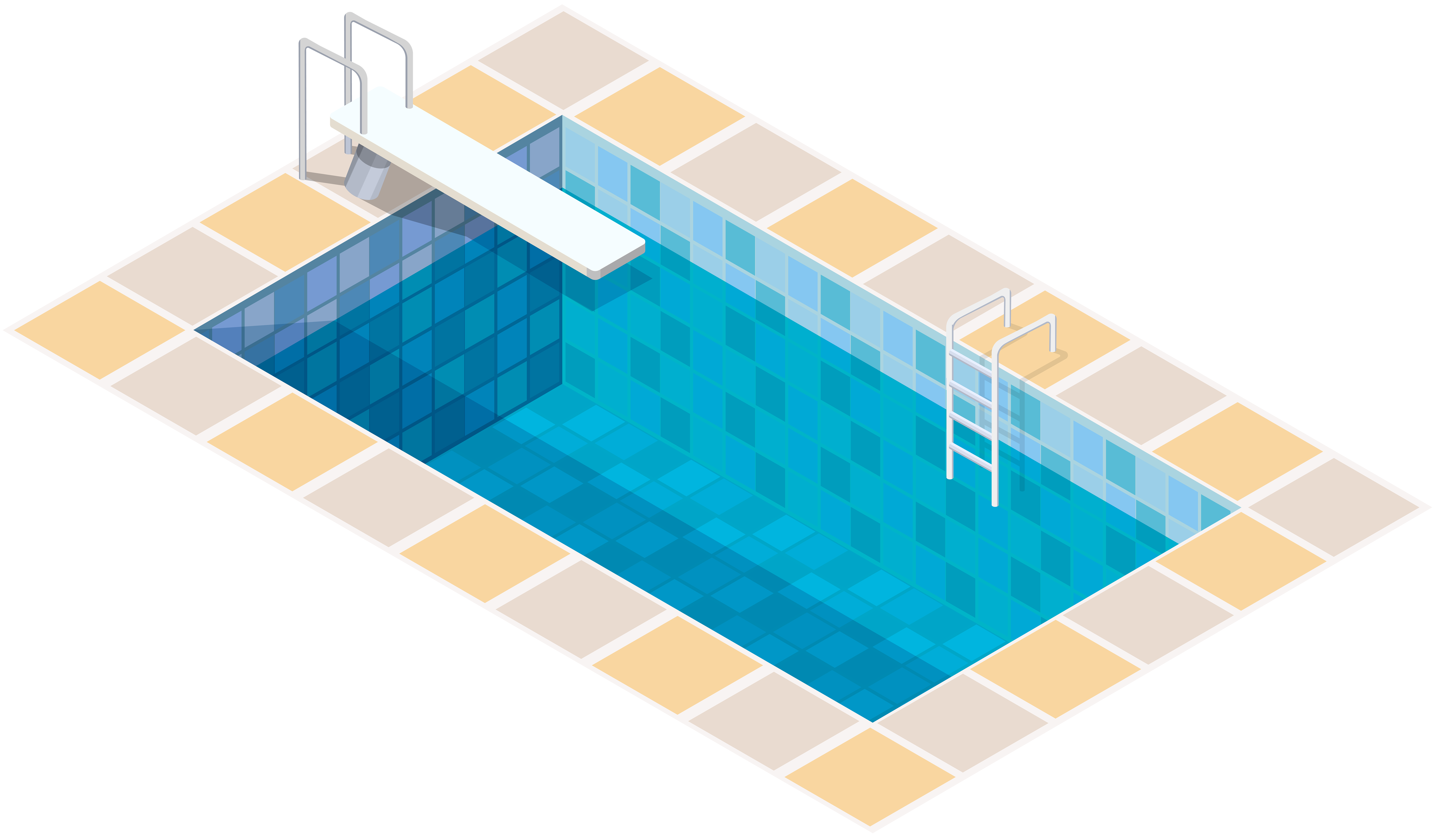 Isometric illustration of a modern rectangular swimming pool with diving board, ladder, and tiled deck in beige and tan tones.
