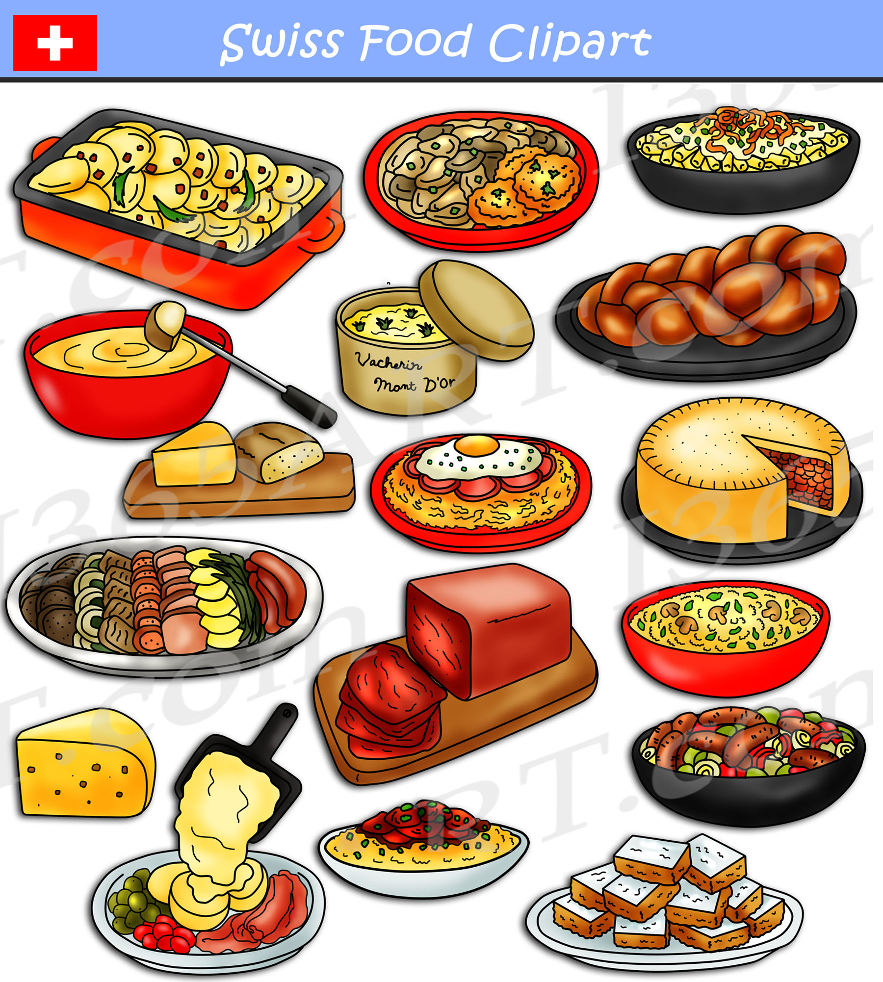 Illustrated collage of traditional Swiss foods including fondue, raclette, rösti, cheese, sausages, and pastries.