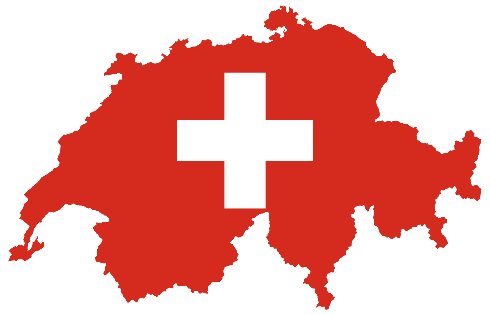 Red map of Switzerland with white cross centered, representing the Swiss national flag overlaid on country outline.