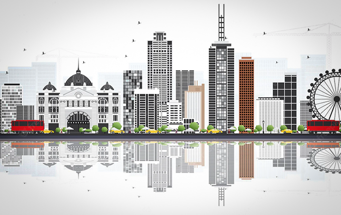 Modern city skyline with historic building, skyscrapers, red trams, Ferris wheel, and water reflection.