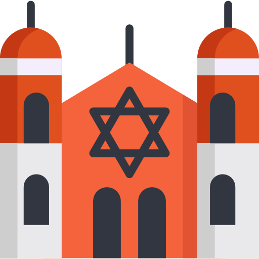 Stylized illustration of a synagogue with Star of David, twin towers, and arched windows in orange, gray, and navy tones.
