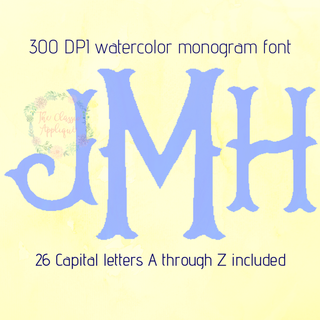Watercolor monogram font sample showing letters A, M, H in light blue on yellow background with floral logo and text details.