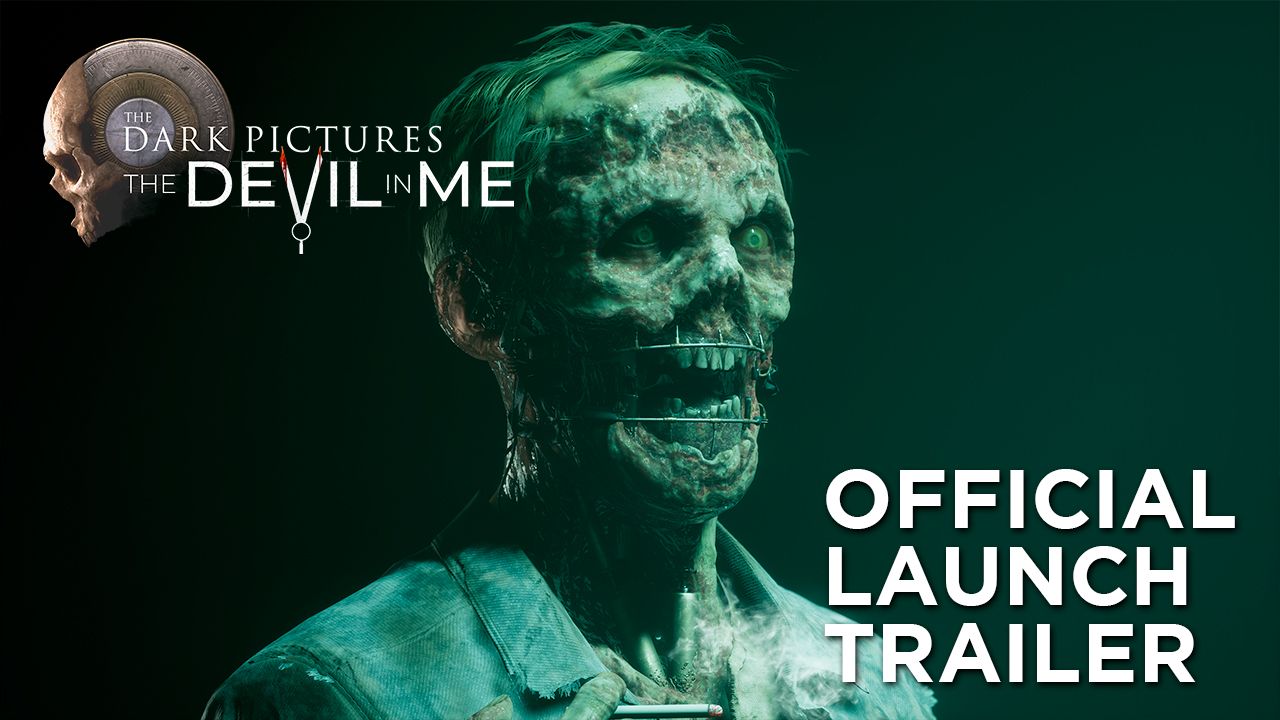 Official launch trailer poster for "The Dark Pictures: The Devil in Me" featuring a grotesque masked figure and skull emblem.