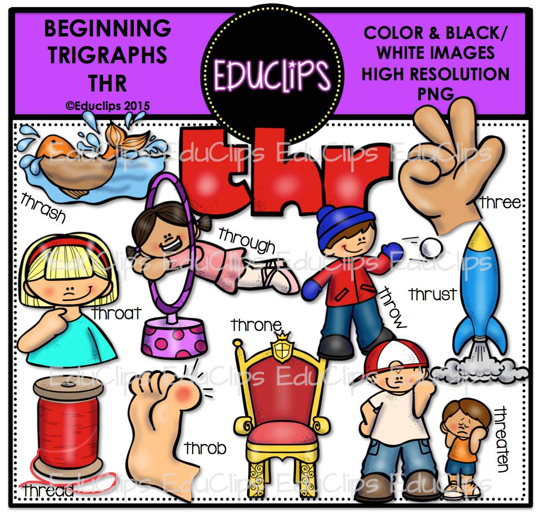 Educational clipart showing "thr" beginning trigraph words like thrash, through, throat, throne, thread, throb, thrust, three, threaten.