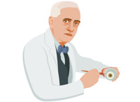 Senior male scientist in lab coat examining a petri dish with a magnifying tool.
