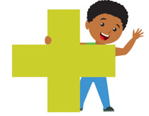 Smiling child holding a large green medical cross symbol, representing healthcare, wellness, or first aid.