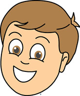 Smiling cartoon boy with brown hair and wide eyes, cheerful expression.
