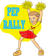 Cheerleader with yellow pom-poms and "PEP RALLY" text on bright yellow background.