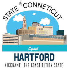 Official logo of the State of Connecticut featuring Hartford skyline, labeled "Capital Hartford" and "The Constitution State"