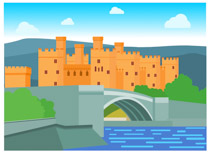 Orange stone castle with turrets and arched bridge over a river, set against green hills and blue sky.