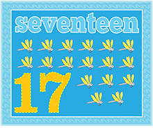 Blue educational card showing the number 17 with seventeen yellow dragonflies and the word "seventeen".