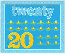 Educational illustration showing the number 20 with the word "twenty" and twenty ducklings on lily pads.