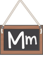 A wooden-framed chalkboard sign hanging by rope, displaying the uppercase and lowercase letter 'Mm' in white chalk.