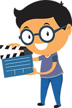 Smiling cartoon boy with glasses holding a film clapperboard, representing filmmaking or video production.