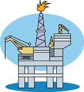 Stylized illustration of an offshore oil rig with flare stack, crane, and platform against a blue background.