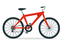 Red mountain-style bicycle illustration with black tires, seat, and handlebars on white background.
