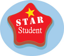 Red star-shaped badge with yellow star and white text reading "STAR Student" on light blue background.