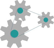 Three gray interlocking gears connected by blue lines, illustrating mechanical linkage or system integration.