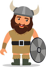 Cartoon Viking warrior with horned helmet, beard, tunic, and round shield.