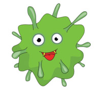 Friendly green cartoon germ with big eyes, smiling mouth, and spiky protrusions.