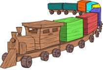 Wooden toy train with colorful cargo cars on a white background.