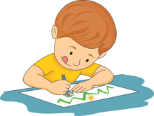 A smiling child with brown hair in a yellow shirt draws colorful lines on paper with a blue marker.