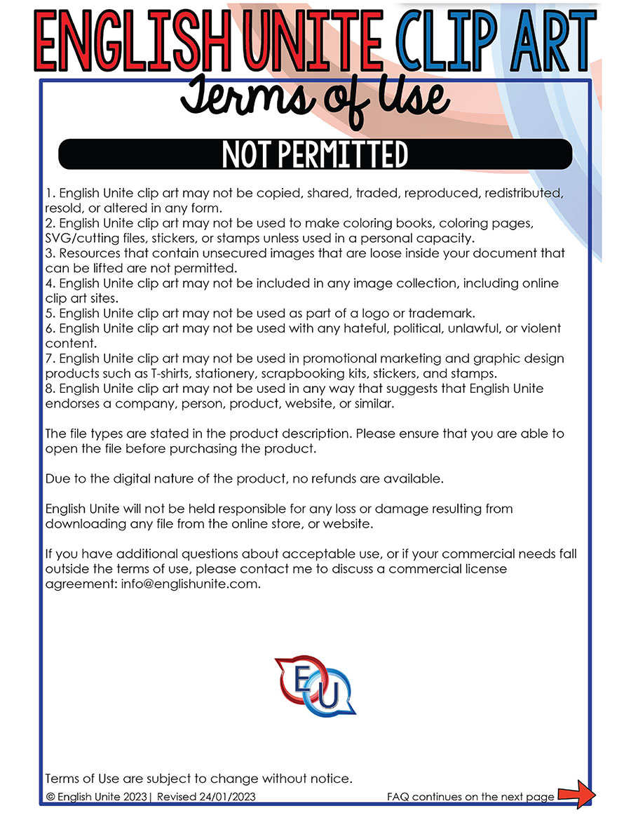 English Unite Clip Art Terms of Use - Not Permitted section with usage restrictions and copyright notice.