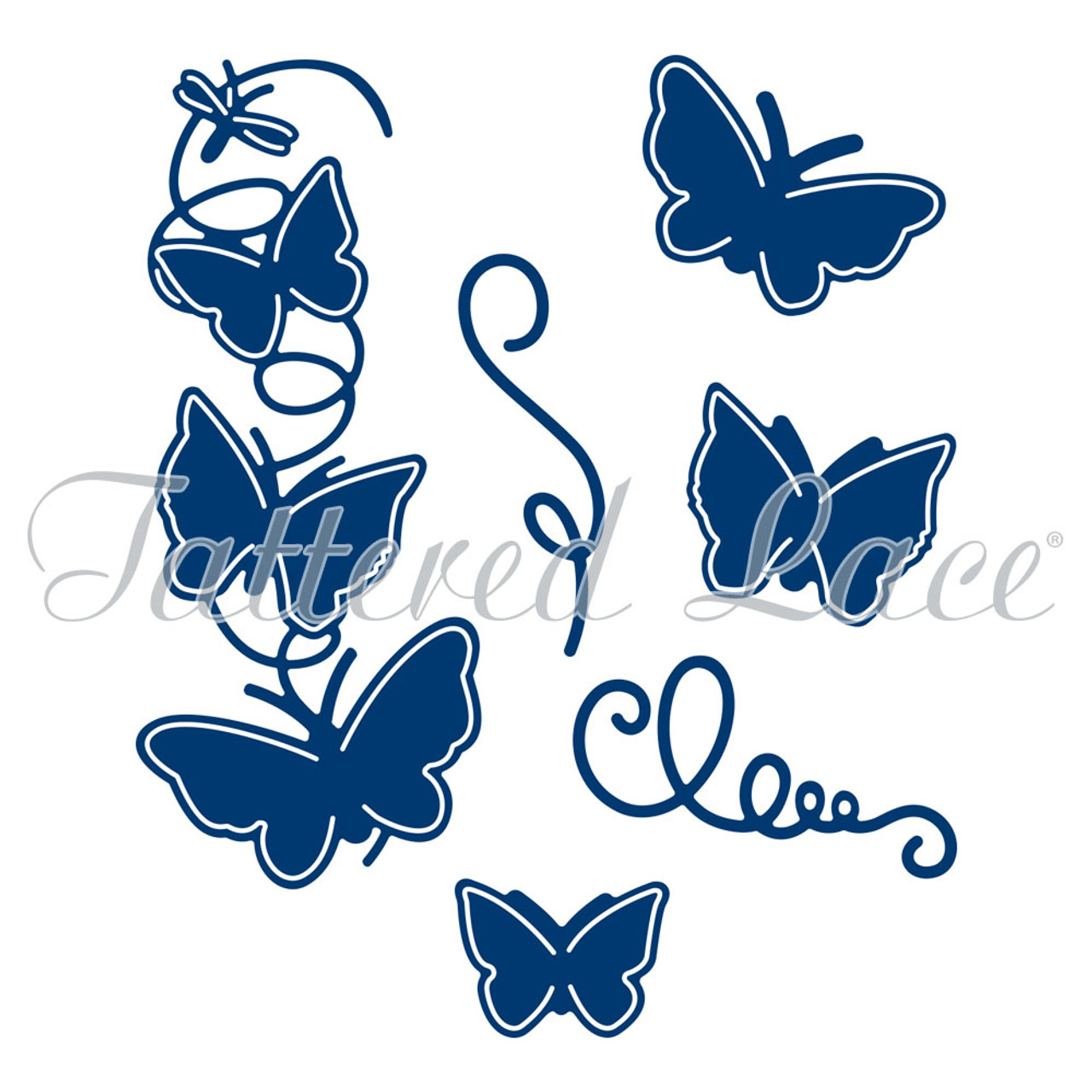 Blue butterfly die-cut set with floral swirls and "Love" script by Tattered Lace.