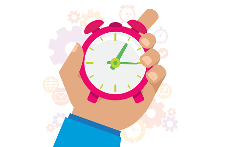 A hand holding a pink analog alarm clock with green hands, set to approximately 1:15, against a soft gear-and-icon background.